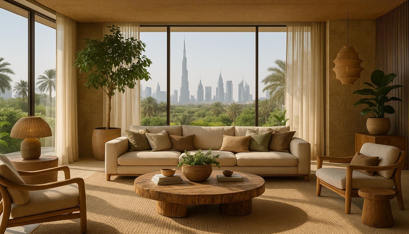 Neutral-toned living room with Dubai skyline views, styled by top interior design companies in UAE