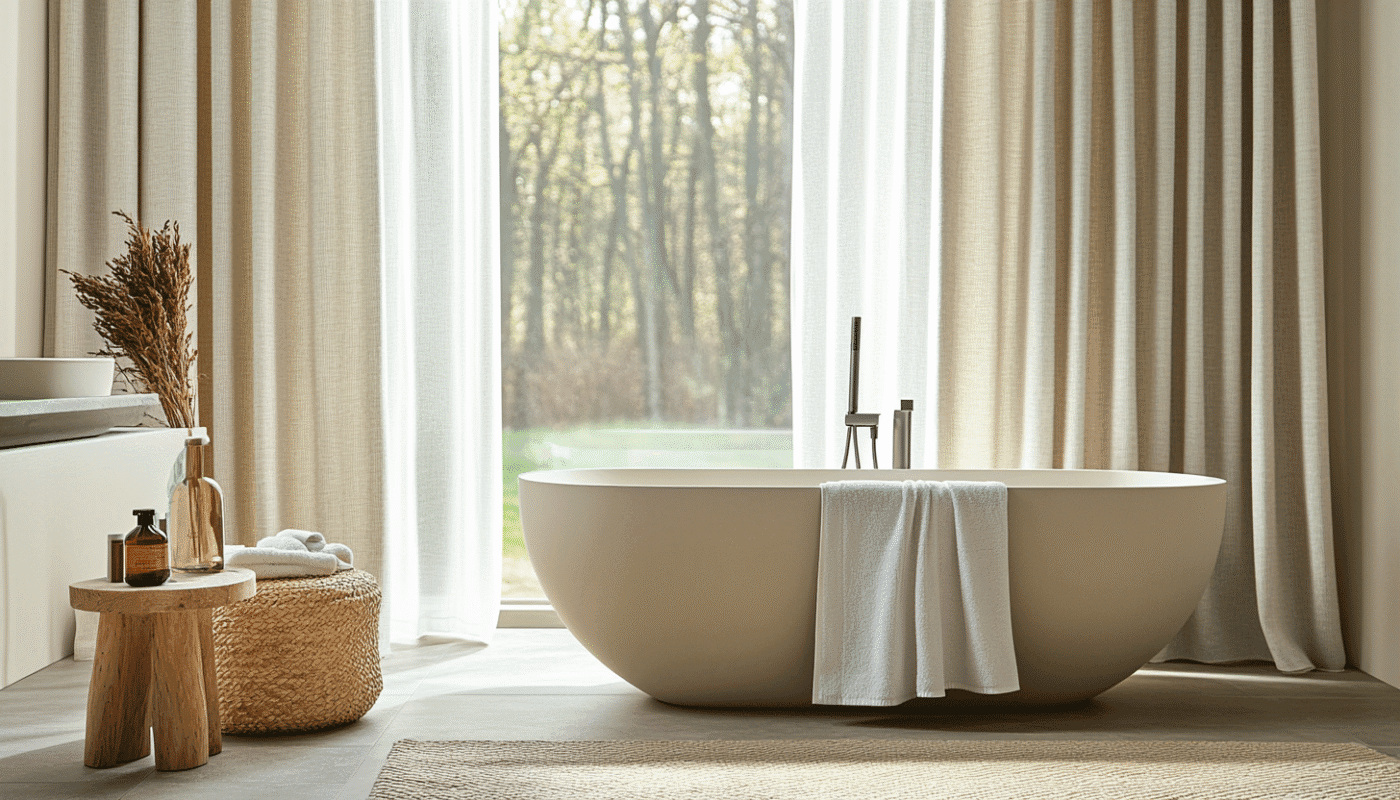 Minimalist bathroom with fabric curtain and natural light bathroom curtain styles