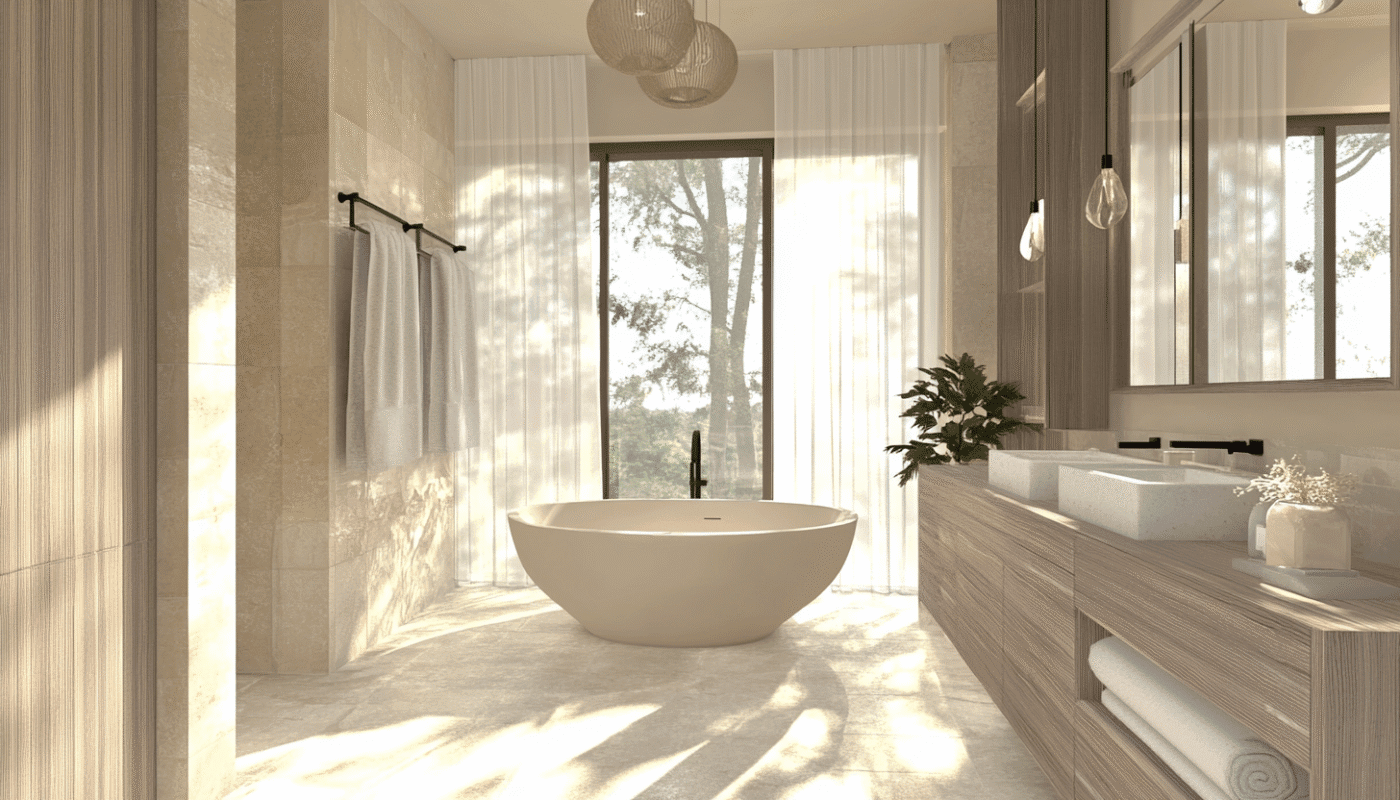 bathroom renovations with freestanding bathtub, dual sinks, wooden vanity, and natural light