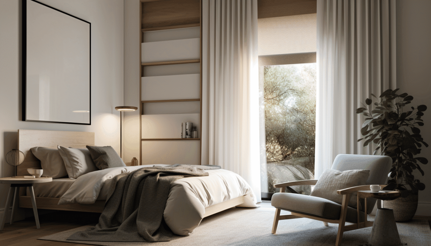 Luxury bedroom interior design with upholstered bed and built-in cupboards