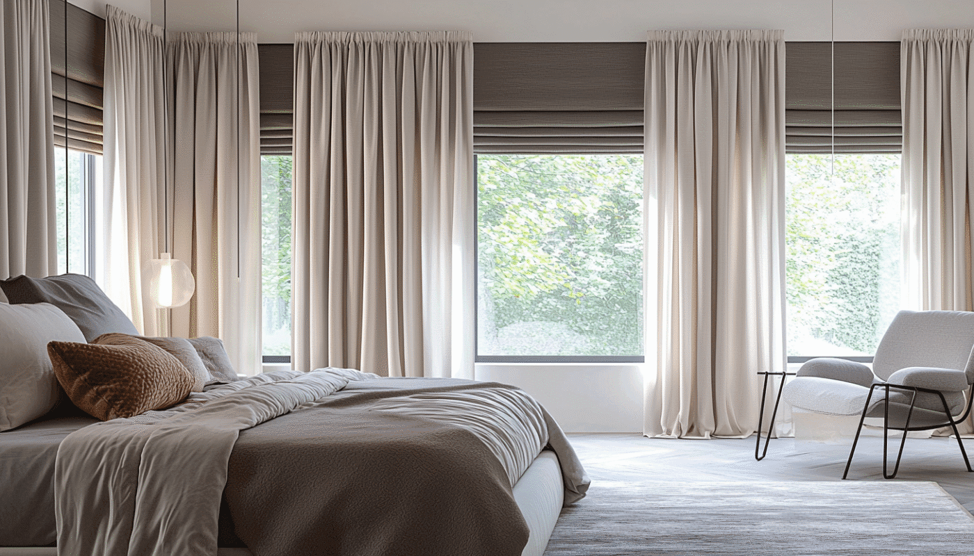 Calm bedroom with layered curtains and soft lighting bedroom curtain styles