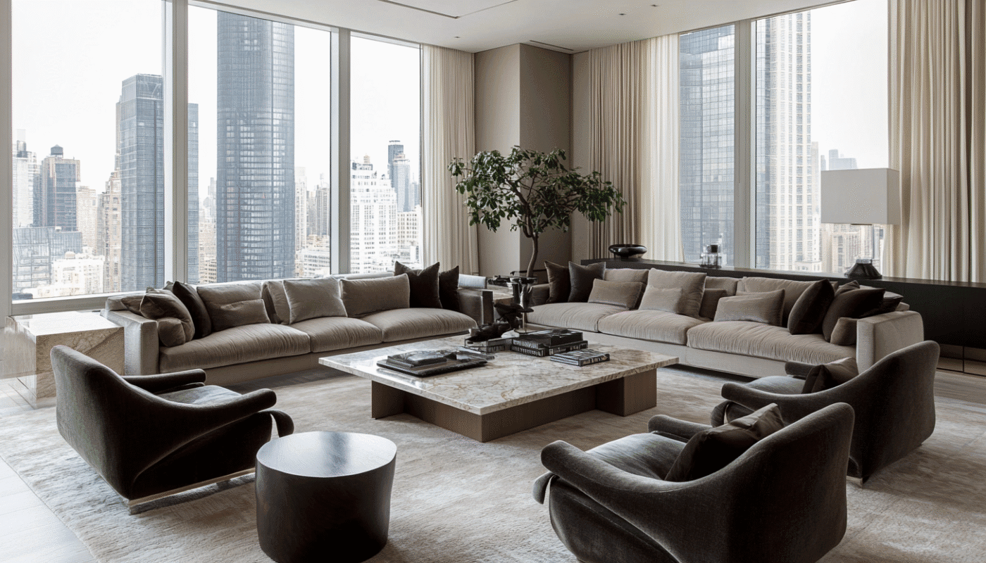 Large sofa with premium upholstery fabric and city view in Dubai living room