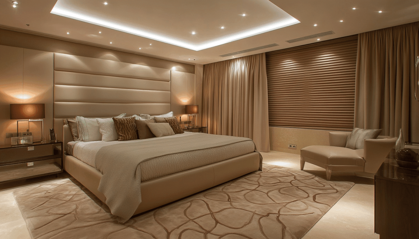Elegant beige bedroom with a designer rug and soft lighting in Dubai-style decor.