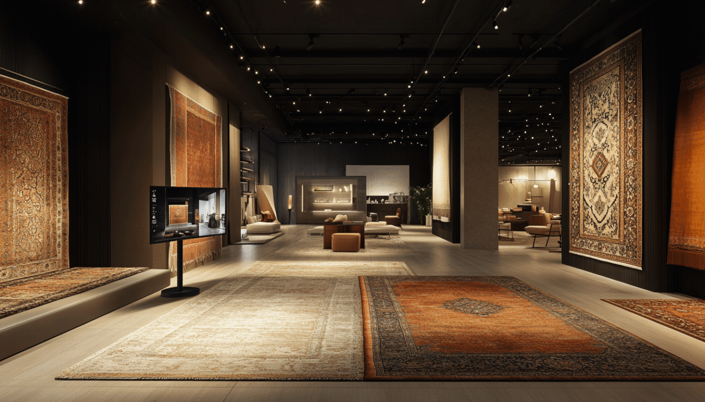 Designer rugs in Dubai showroom with vintage and Moroccan styles on display