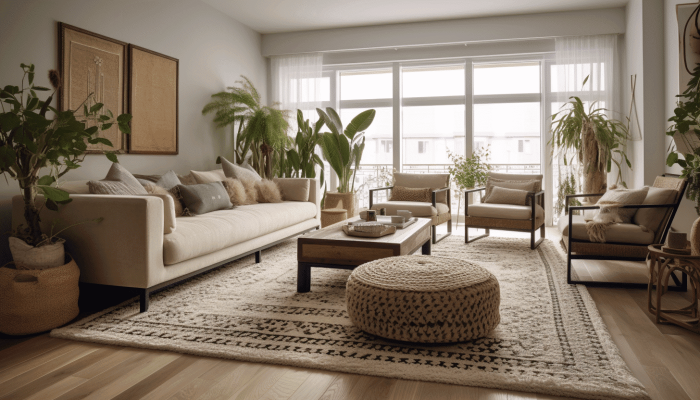 Natural jute rug with textured weave in bright living room with plants