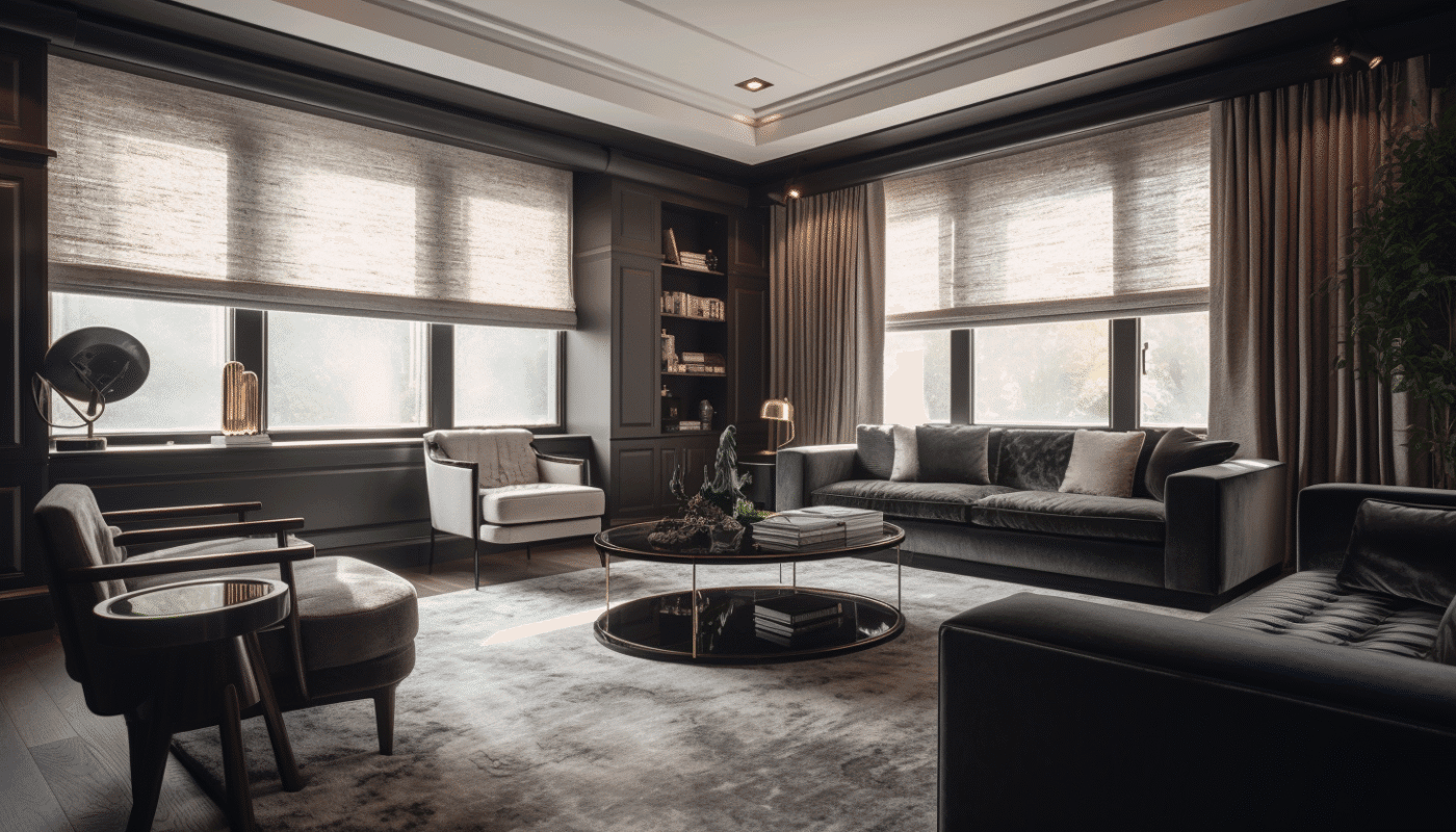 Modern living room with black sofas, elegant window blinds, and curtains.