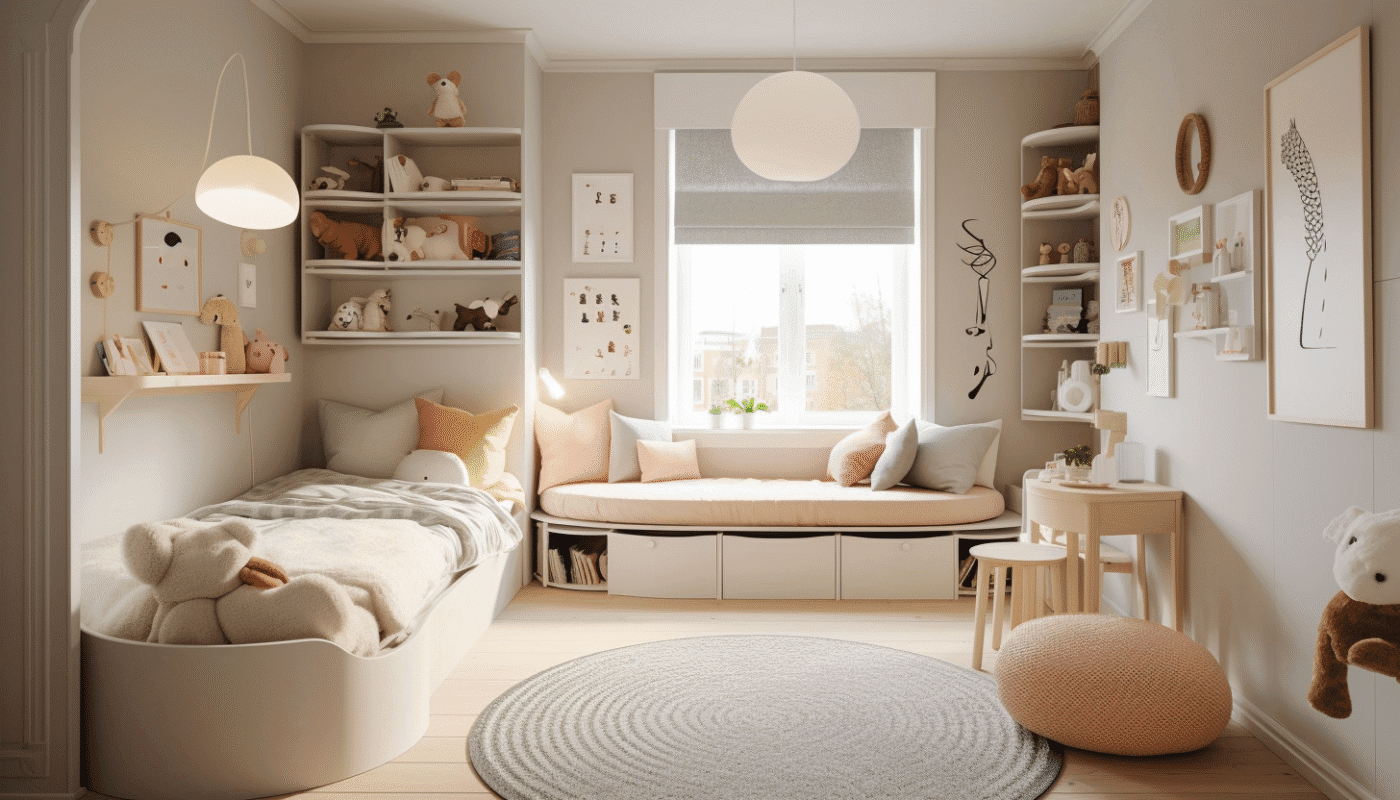 Simple children’s room interior design with soft pastel colours and storage
