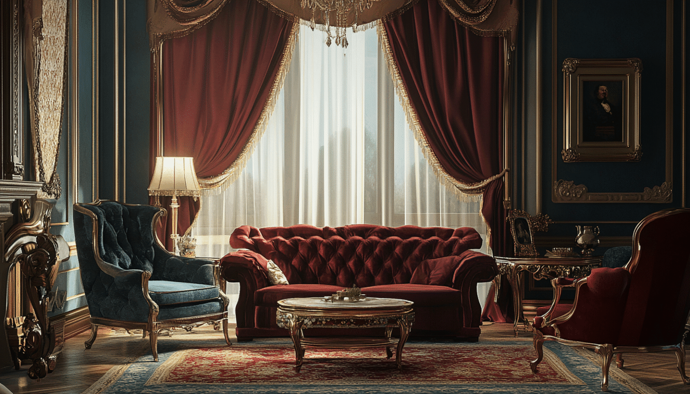 Luxury red velvet drapes with gold fringe layered over sheer curtains in a classic formal room.