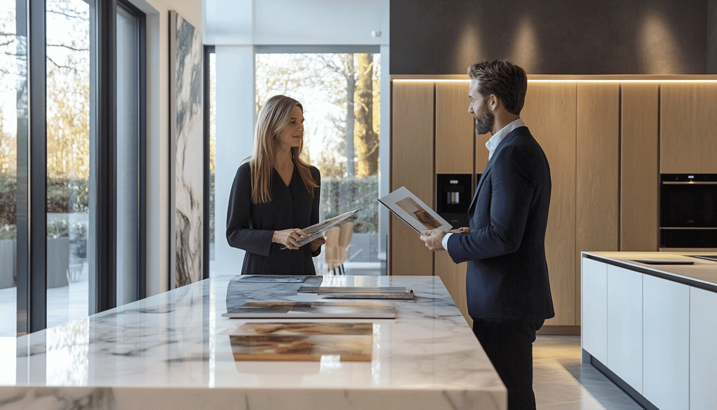 Luxury bespoke kitchen company consultation over marble table