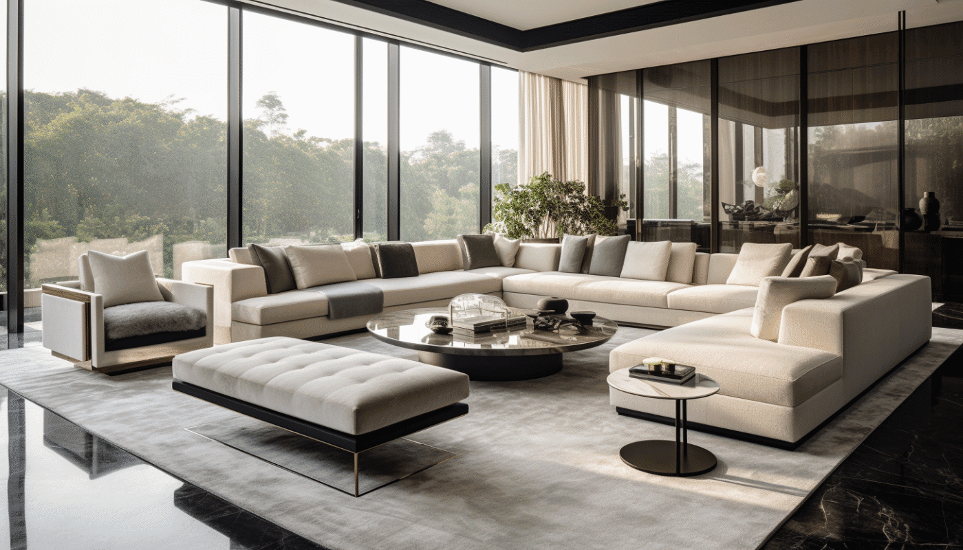 Fluffy living room rug under cream sectional sofa with large windows