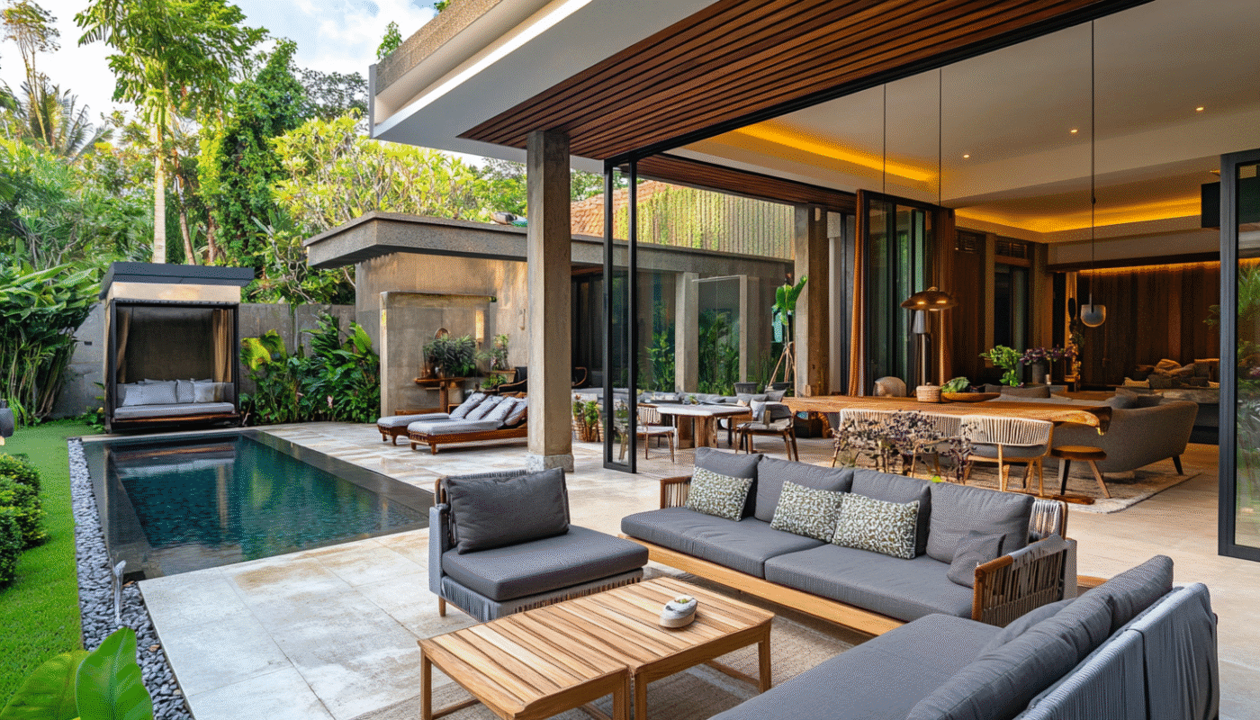 Modern outdoor furniture set by poolside in UAE villa with natural wood and grey cushions