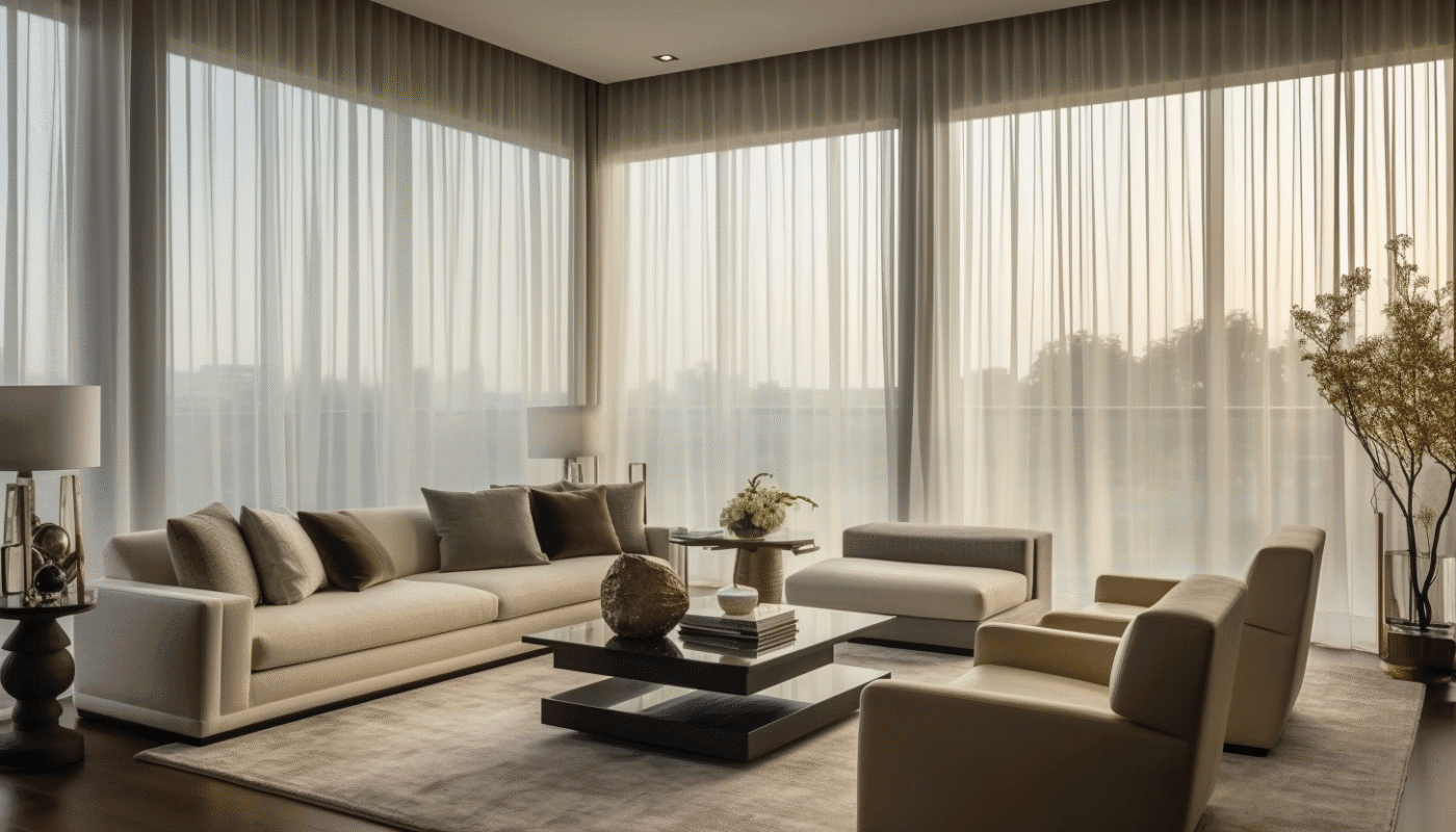 Sheer white curtains with beige blinds in elegant modern Dubai living room