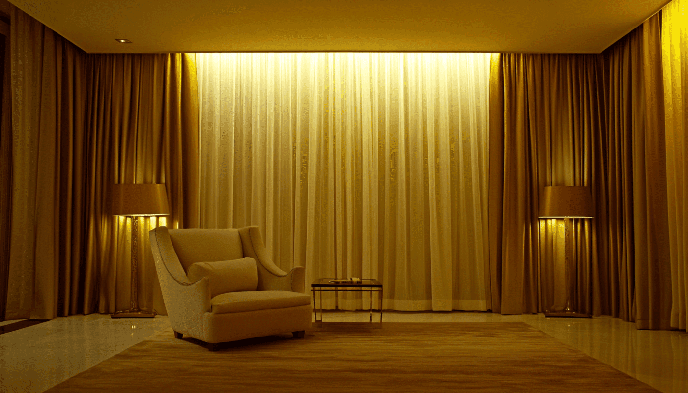 Golden luxury curtains with soft lighting and layered drapes in an upscale Dubai interior.
