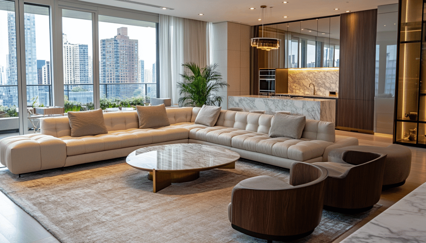 Living room with beige upholstered corner sofa, grey cushions, and marble coffee table upholstery fabric.