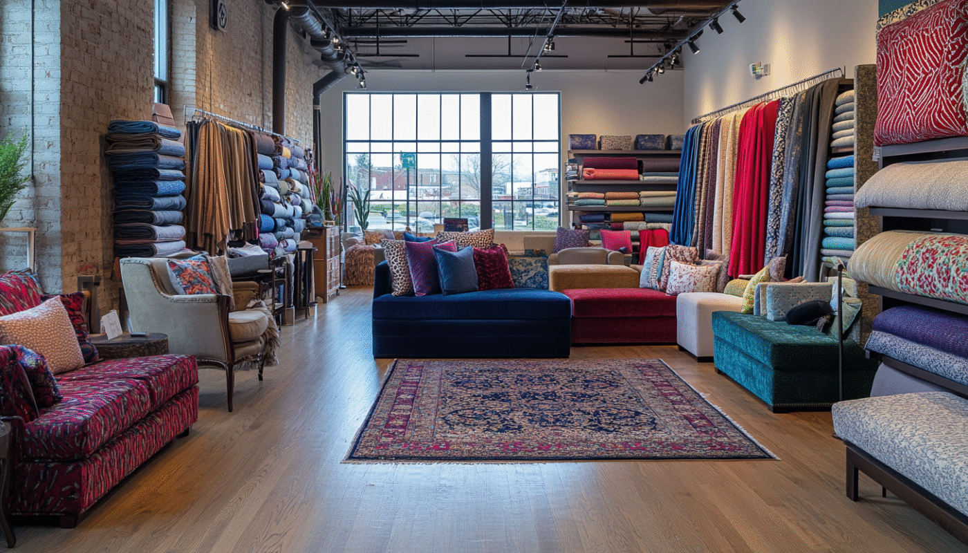Velvet fabric sofas and stain resistant furniture fabric displayed in showroom