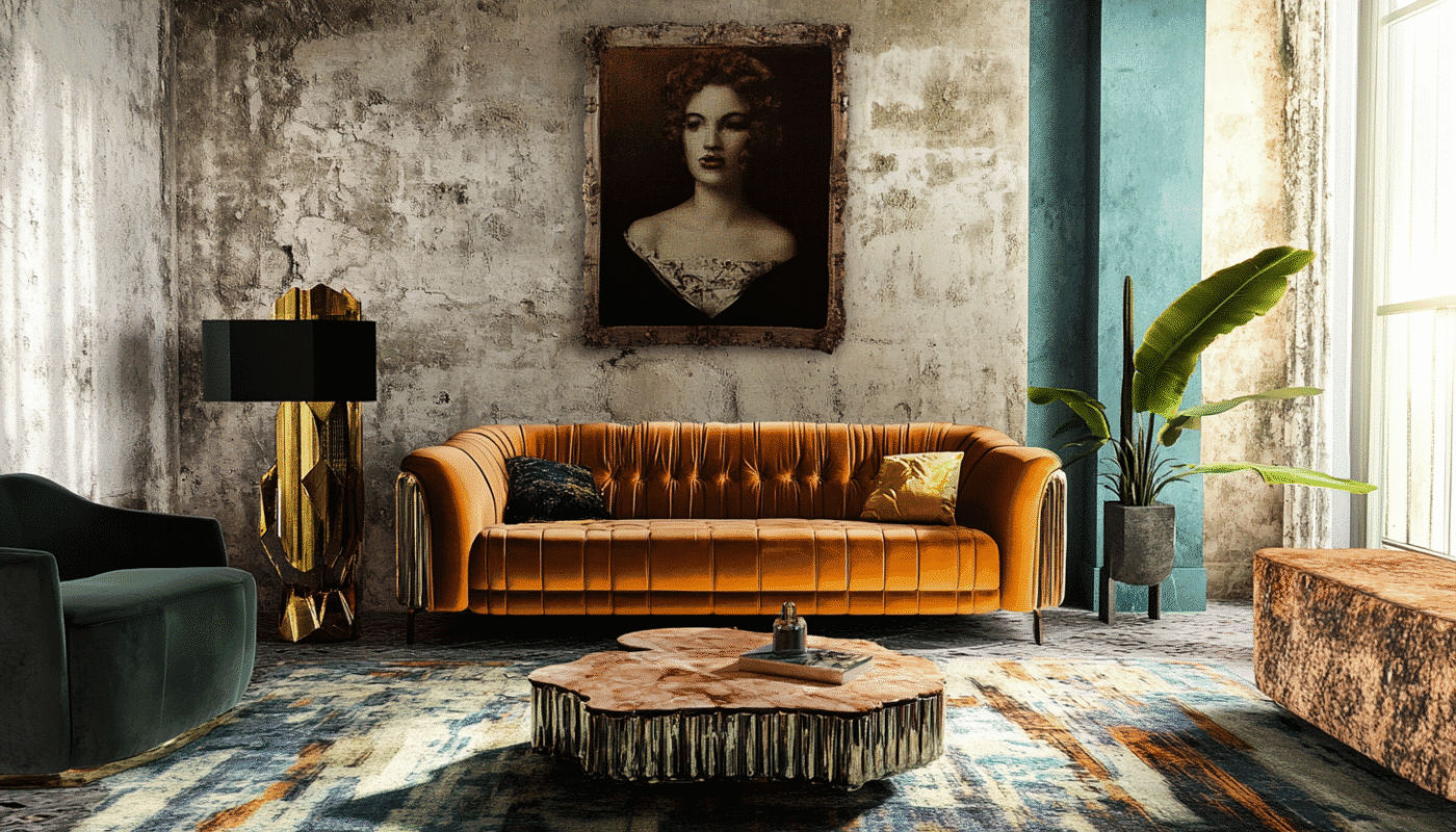 Rustic living room with vintage sofa, artwork, and textured walls luxury renovations