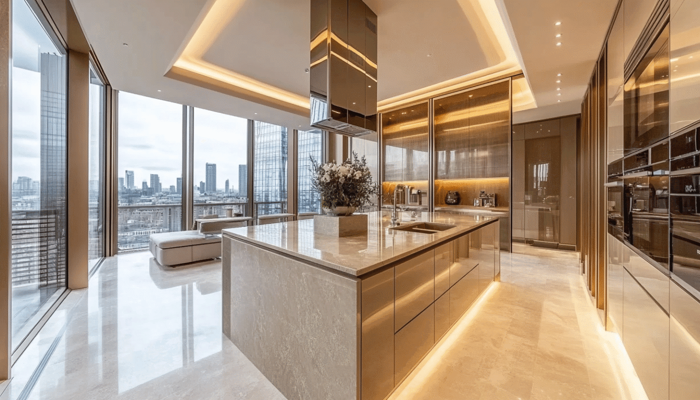 Bespoke kitchen with luxurious finishes and panoramic city views.