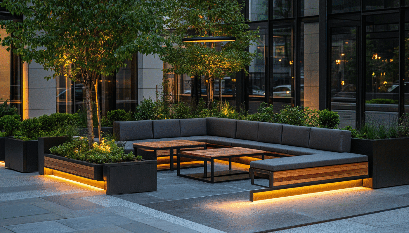 Outdoor furniture set with rattan seating and modern tables in a stylish garden setting.