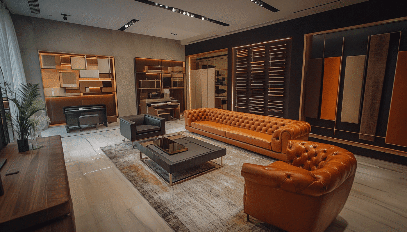 Luxury leather sofa with modern designer furniture in a Dubai showroom.