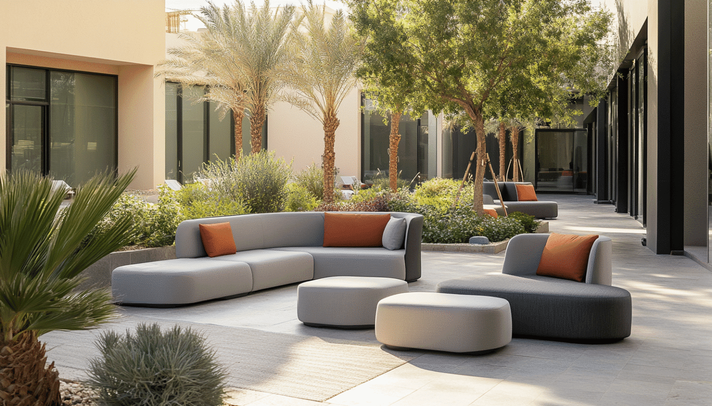 Outdoor furniture set with grey modular sofas and cushions for Dubai, Abu Dhabi, UAE gardens.