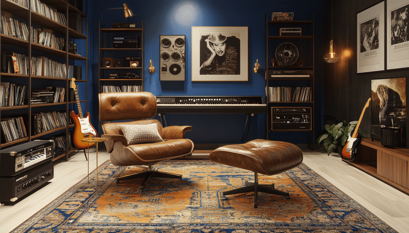 Vintage leather chair and blue walls in cozy music room home interior design ideas