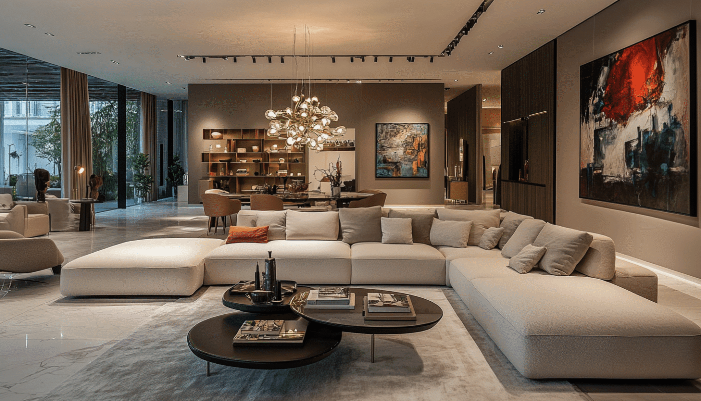 Modern luxury furniture showroom in Dubai with cream sofa and designer lighting.