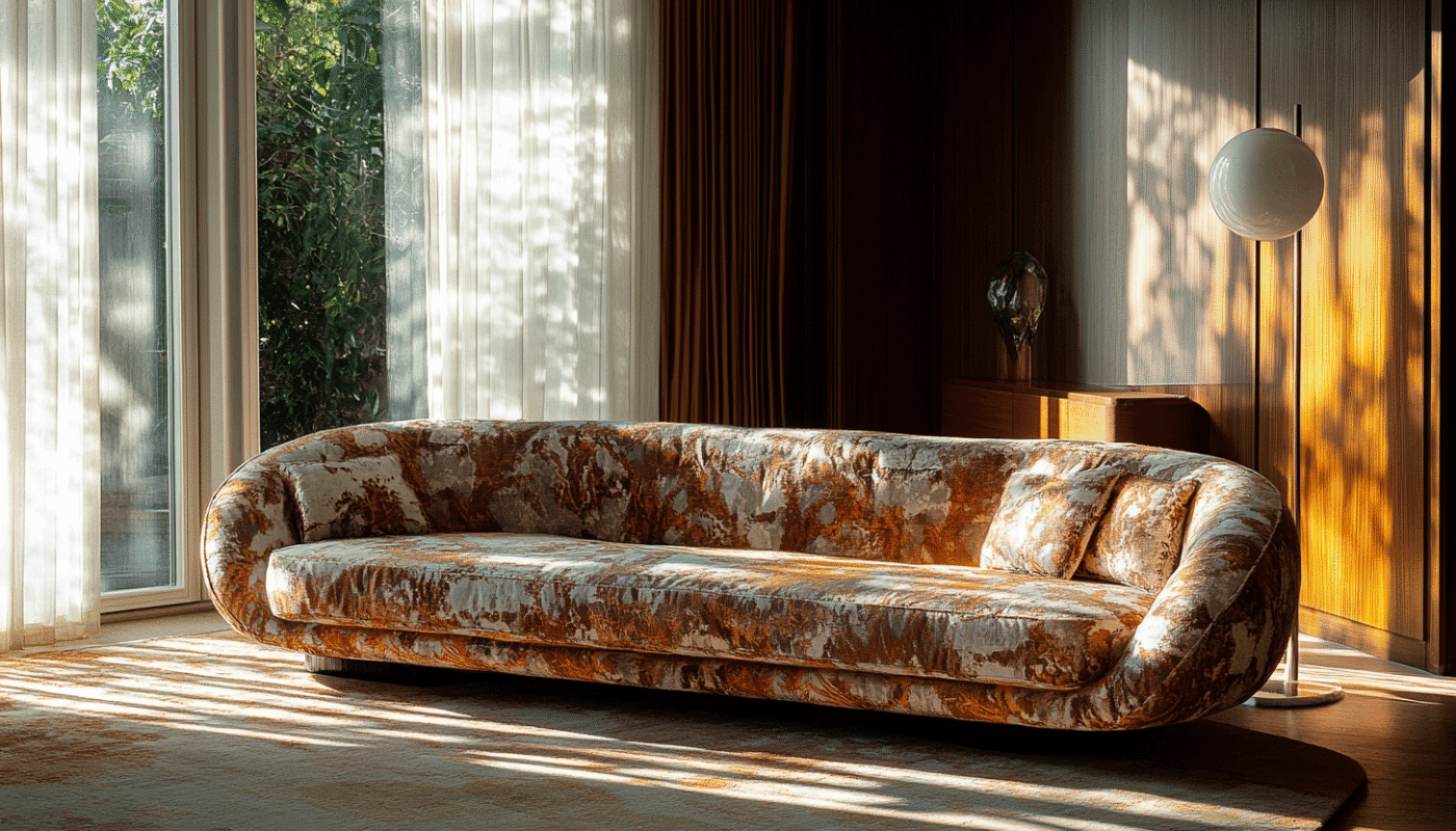 Curved sofa with textured sofa upholstery fabric in warm light room