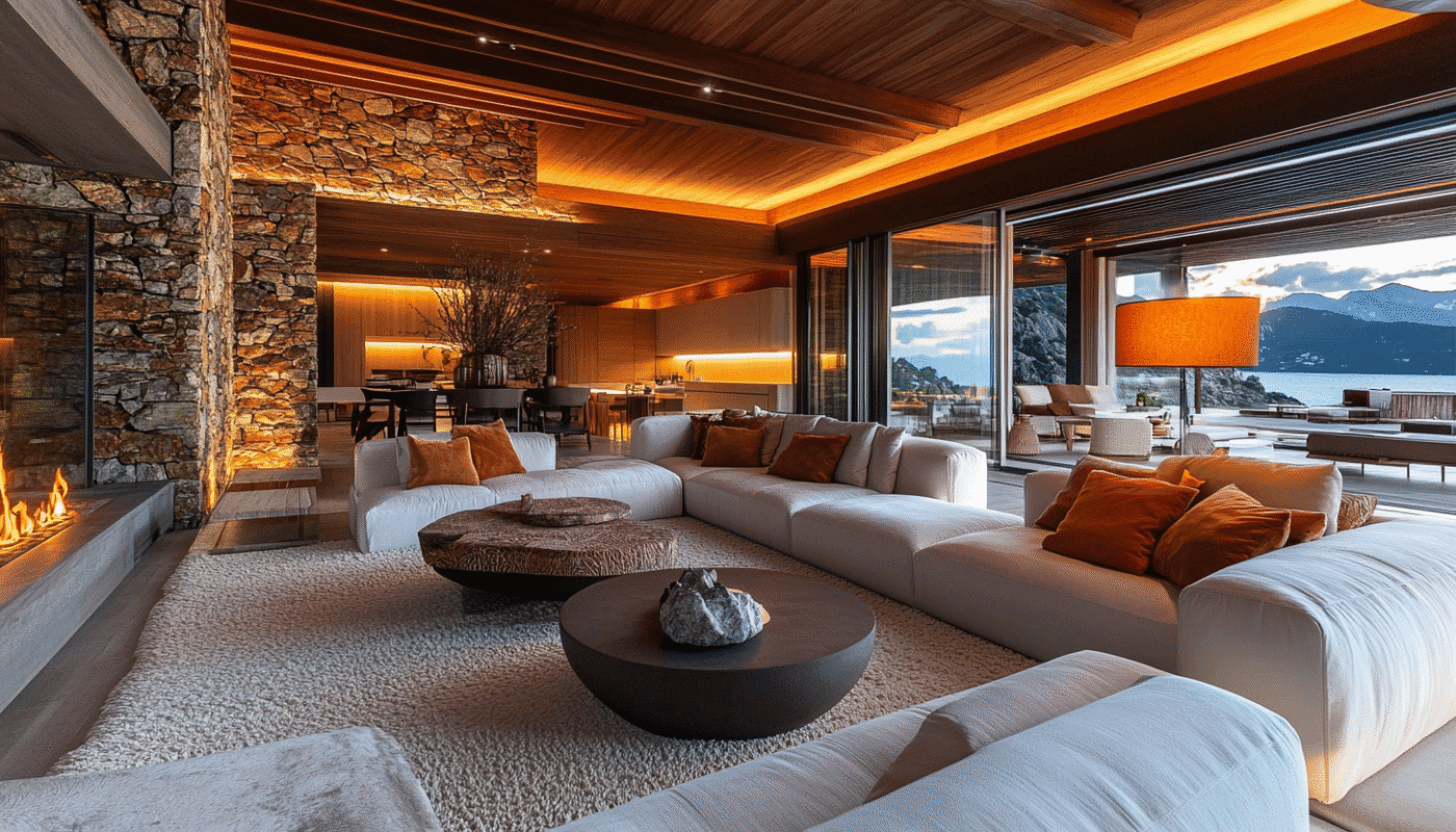 Modern living room with white sofa and warm lighting interior design styles