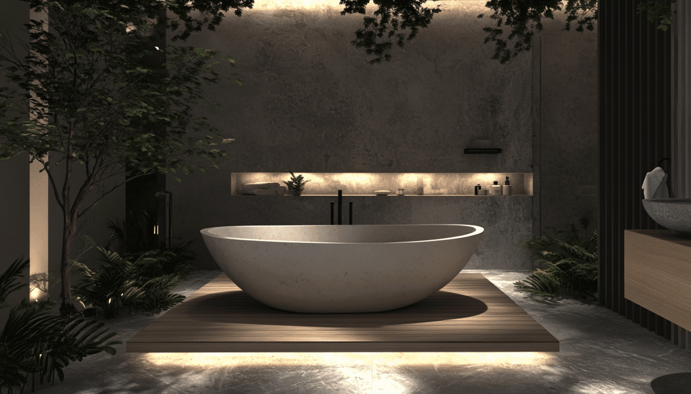 Minimalist stone bathtub with warm lighting in luxury bathroom renovation