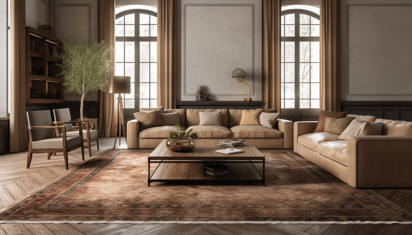 Country rugs for the living room with beige leather sofas and wooden table