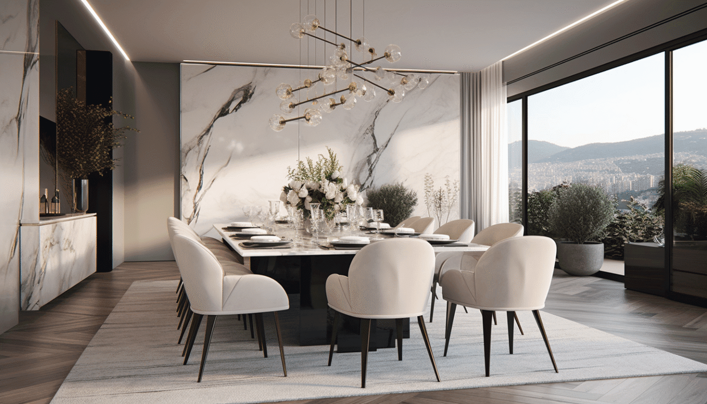 Luxury dining room interior design with marble table and plush chairs