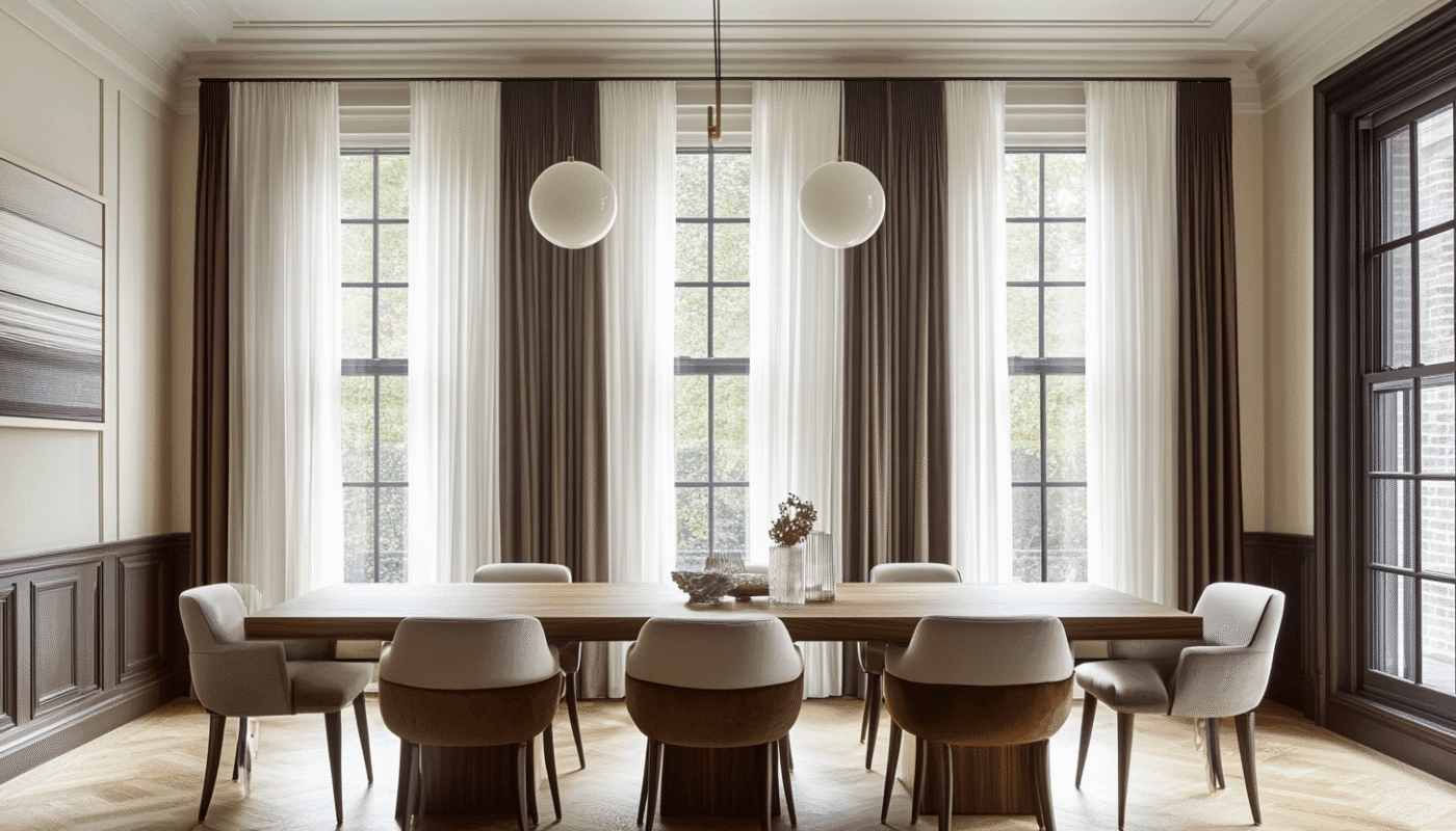 Elegant dining room with sheer curtains and warm lighting dining room curtains