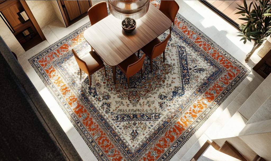 modern persian rug in dining space