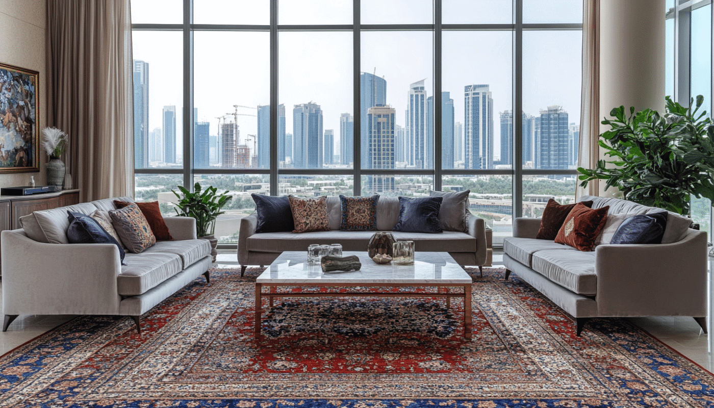 Stylish lounge area with modern sofas and large designer rug in Dubai penthouse