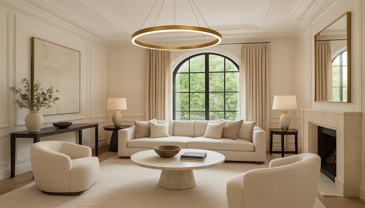 Luxury living room with modern sofa, round coffee table, and elegant lighting in Dubai.