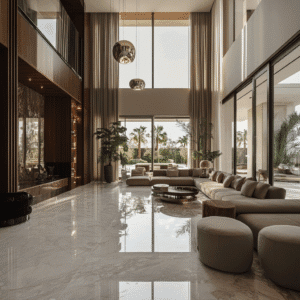 Elegant luxury villa interior Dubai with marble floors and plush beige sectional sofa.