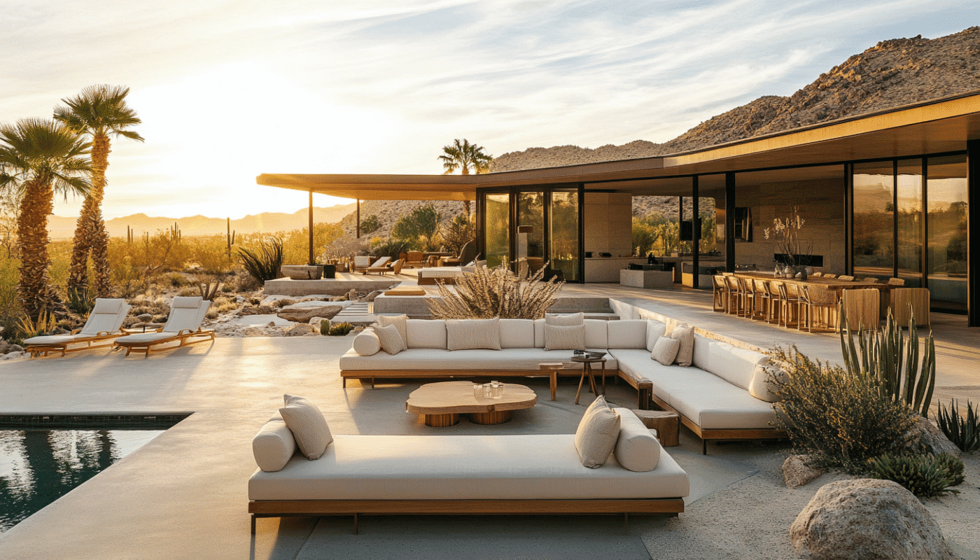 Modern rattan outdoor furniture set with a wooden coffee table in a spacious garden.