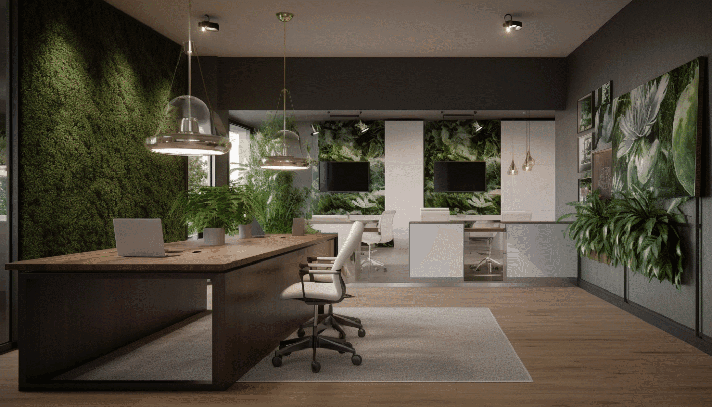 Bright office interior with plants and natural light for productive Dubai workspace.