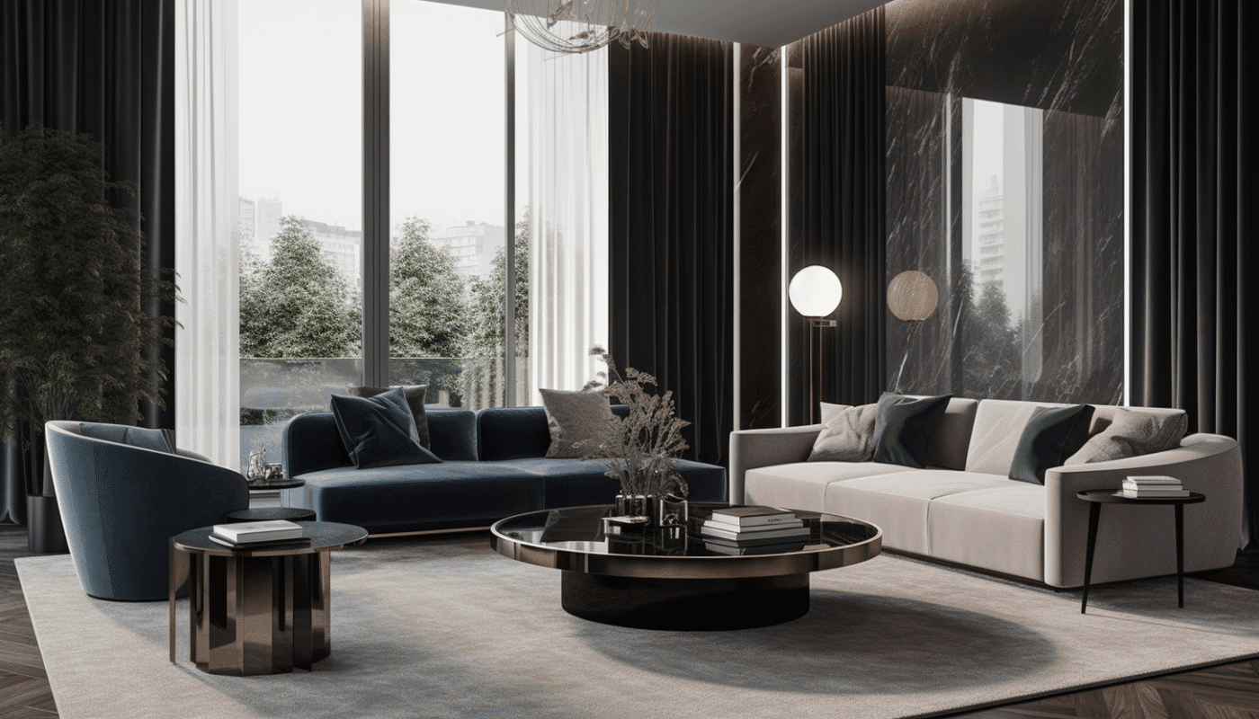 Modern living room interior design with blue and cream sofas and simple decor