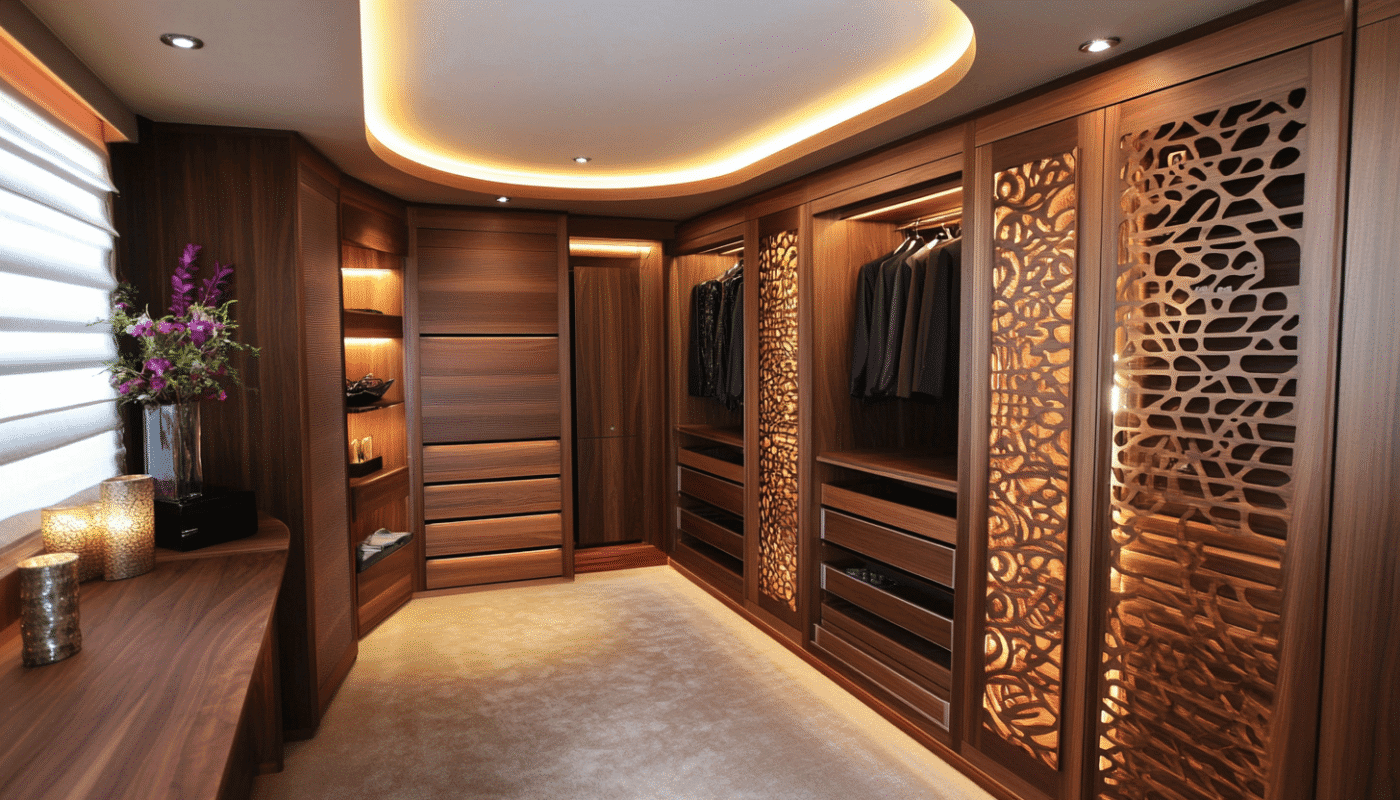 Sliding wardrobe with 4 dark exotic wood finish doors and sleek vertical handles