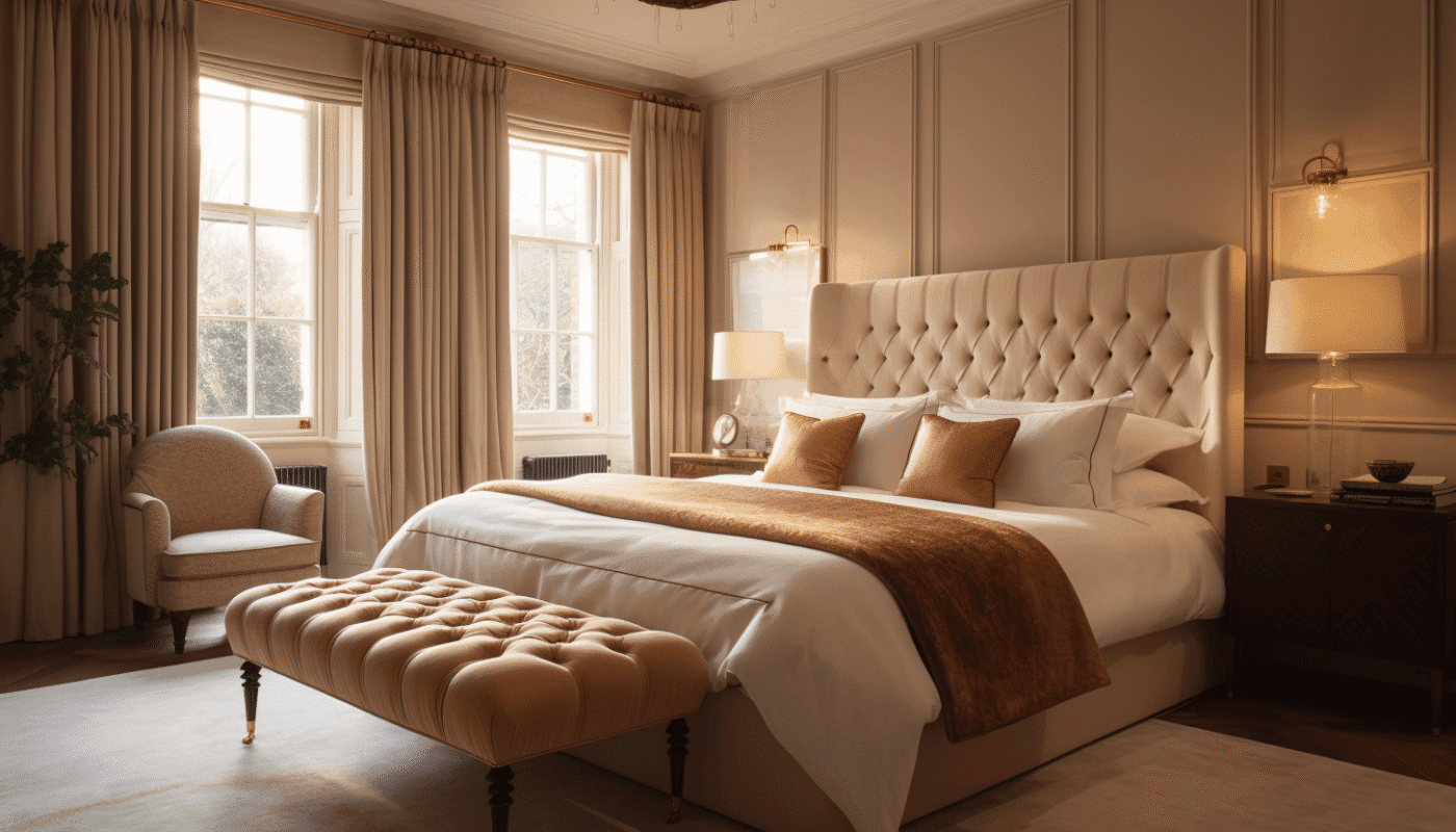 Beige fabric curtains with matching blinds in luxury bedroom Dubai