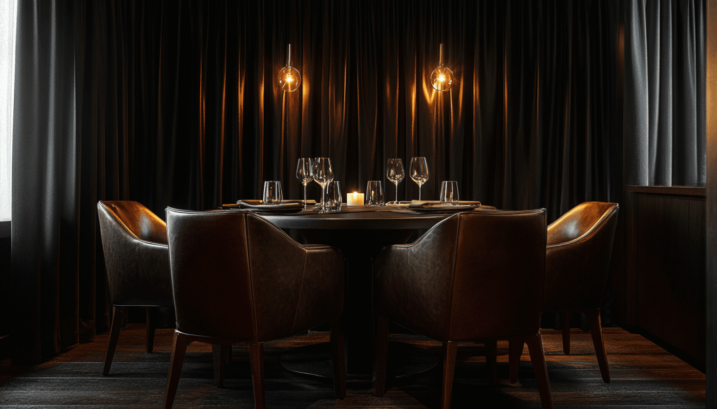Luxury dining area with brown leather chairs and black foil curtains