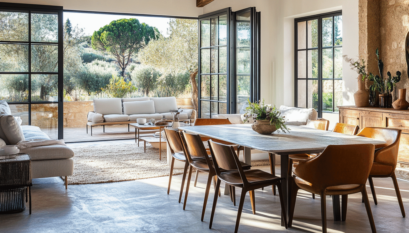 Bright dining room with rustic table and leather chairs home interior design ideas