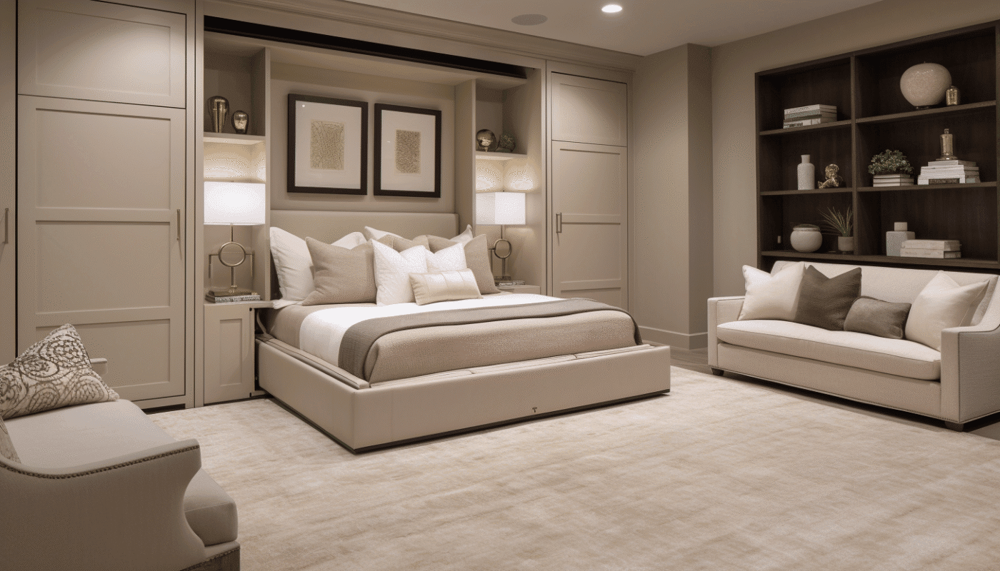 Guest room interior design with comfortable bed, soft lighting, and storage shelves