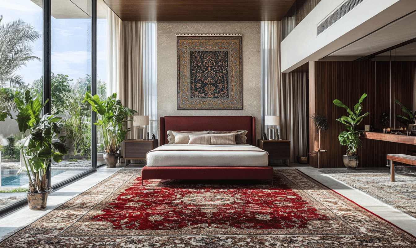 Bespoke red persian rug bedroom