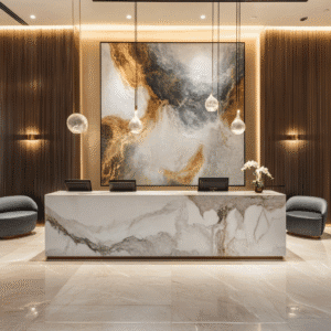 Luxury marble reception desk with pendant lights and abstract art in modern office.