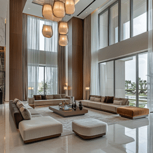 High-end Dubai villa living room with large windows and modern beige sofas.