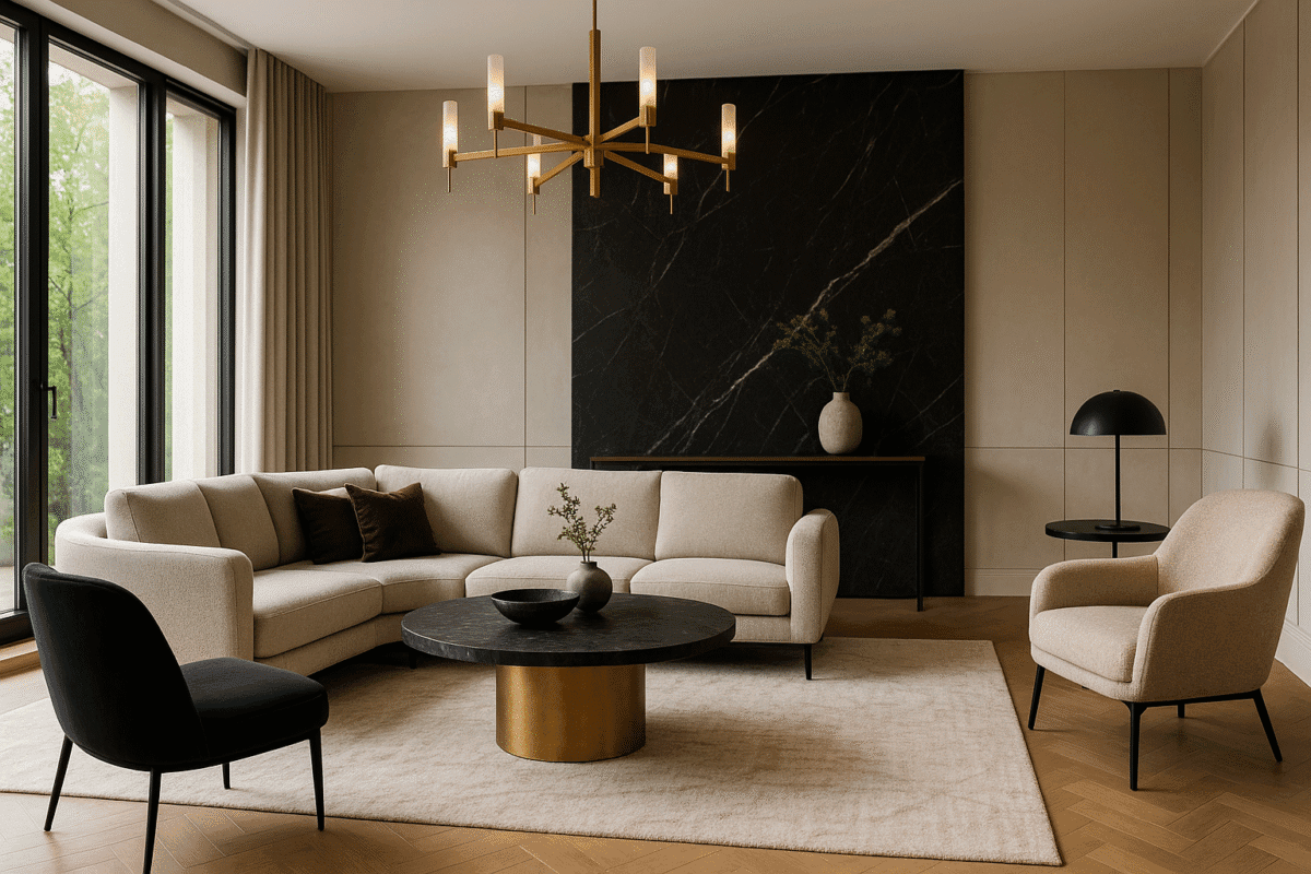 Beige corner sofa with black coffee table in a modern living room with marble wall.