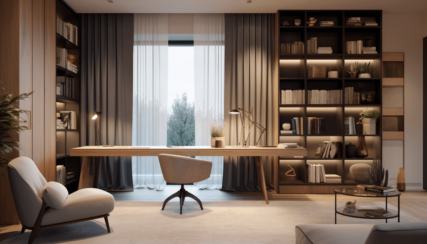 Elegant home office with wooden desk and built-in bookcase design