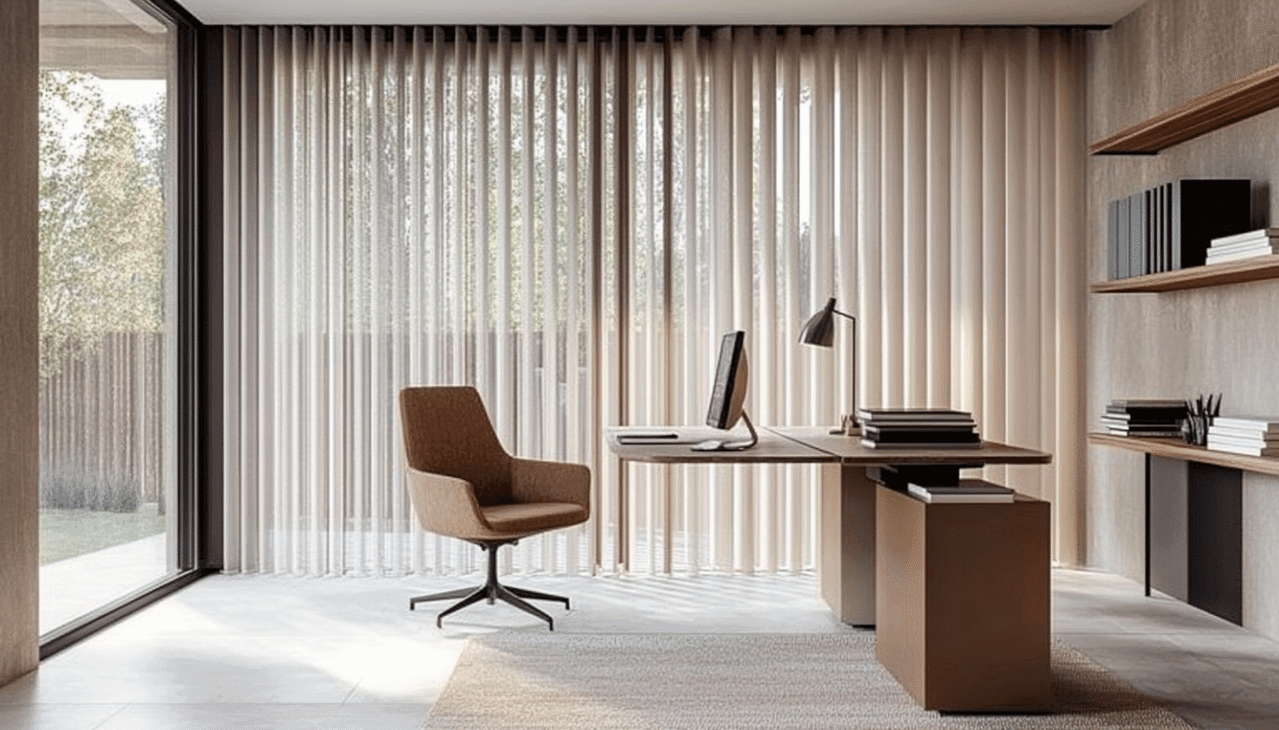 Modern home office with vertical blinds and neutral tones home office curtains